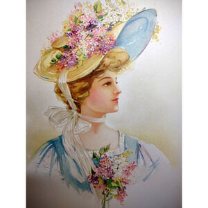 Victorian Art Print Women Fancy Flower Hat With Bouquet Lithograph 1908 Original